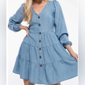 Mine Chambray Light Blue Tiered Boho Button Down Mini Dress